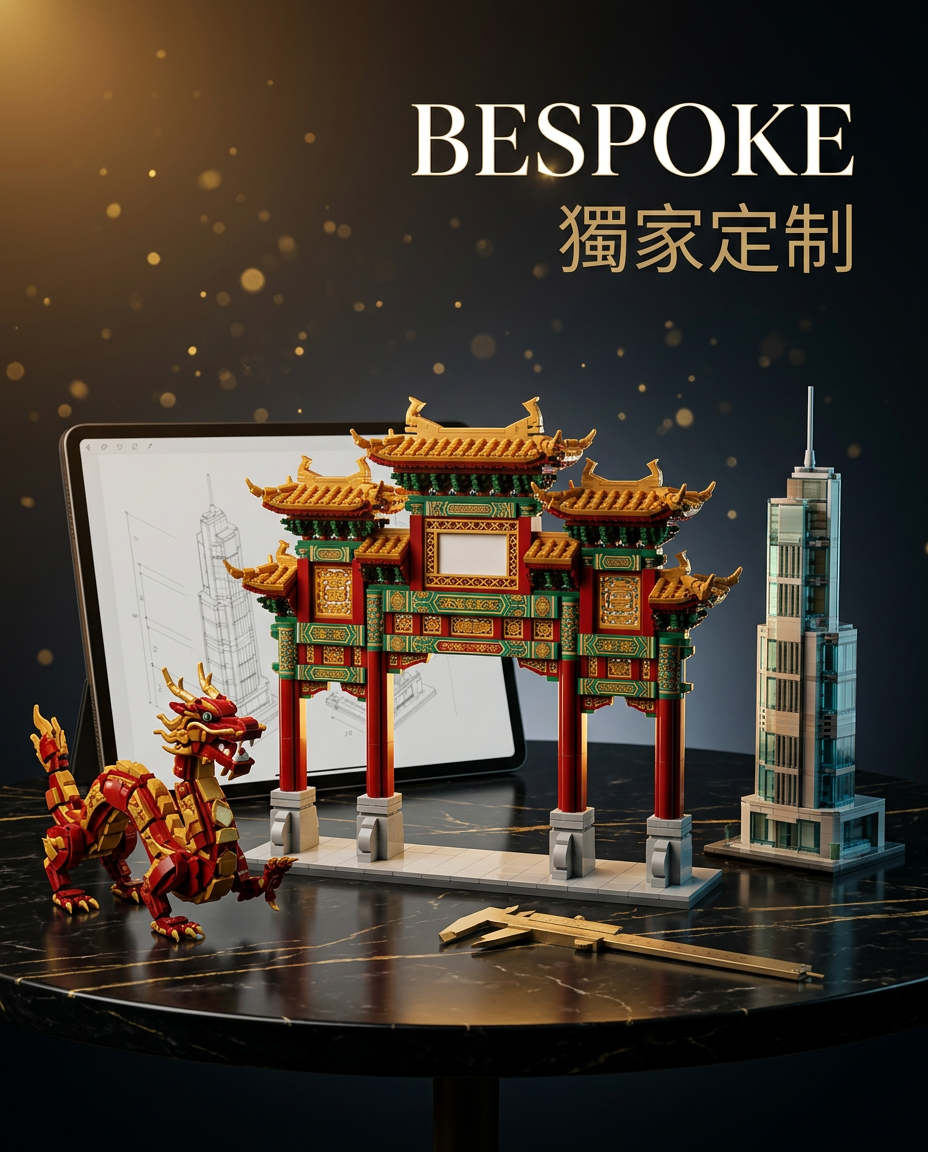 Custom MOC Brick Design Service - Professional LEGO MOC artwork featuring Chinese archway, zodiac dragon, and corporate tower on black marble surface with gold accents